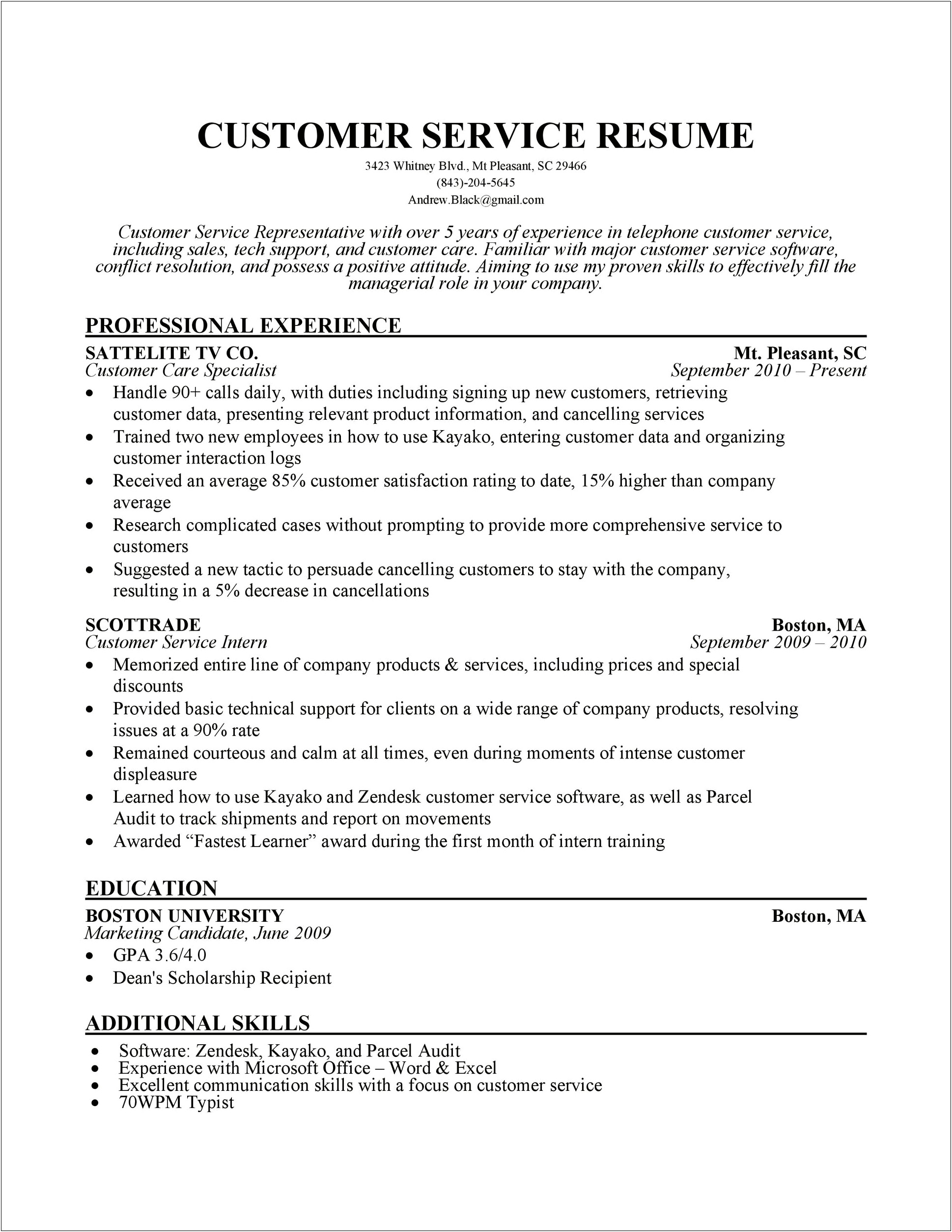 Dynamic Resume Word For Customer Service