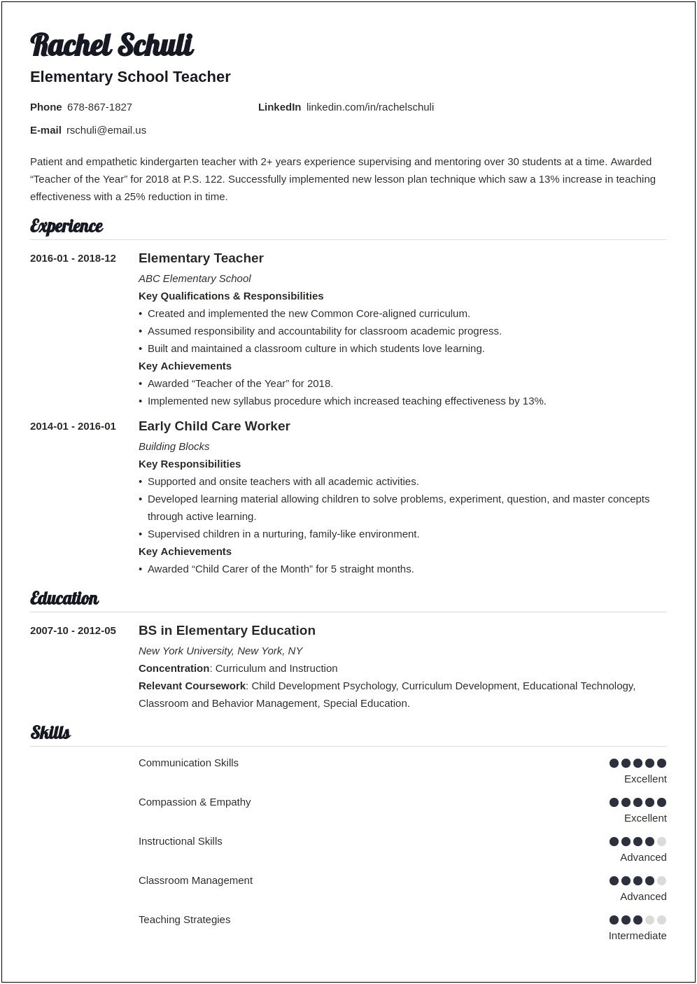 Early Childhood Teacher Resume Career Objective