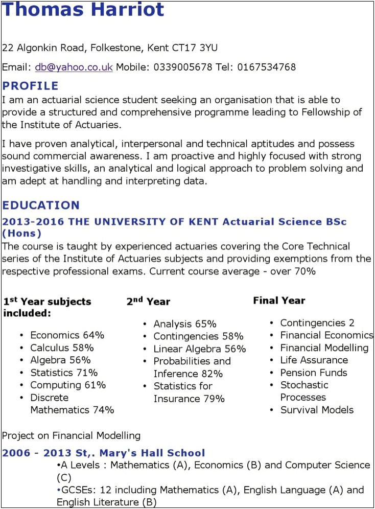 Economics Working In Actuary With No Experience Resume