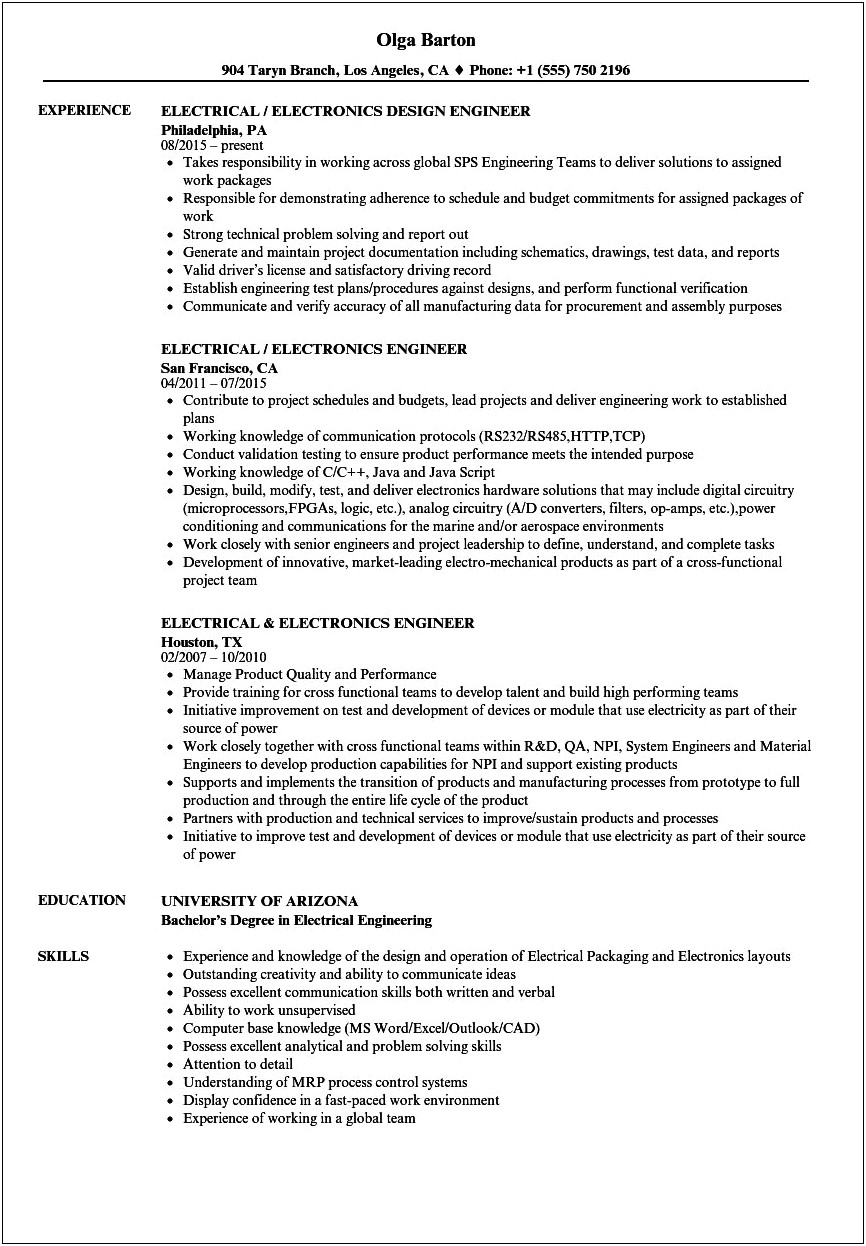 Electrical And Electronic Skills In Resume