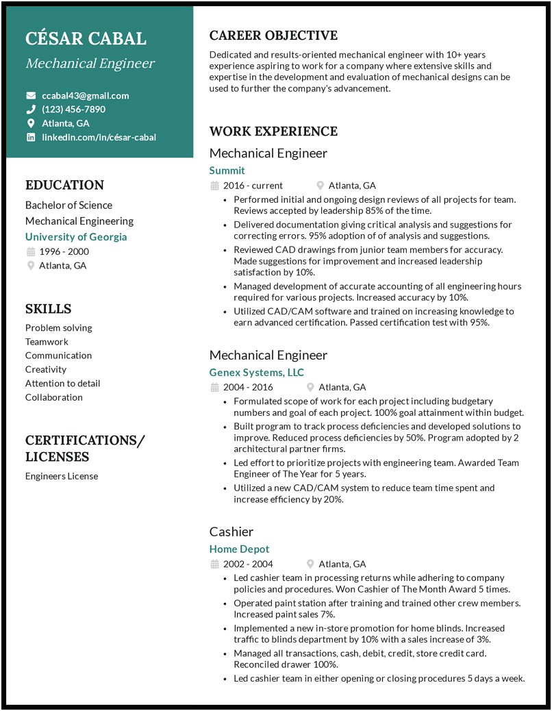 Electro Mechanical Design Engineer Sample Resume