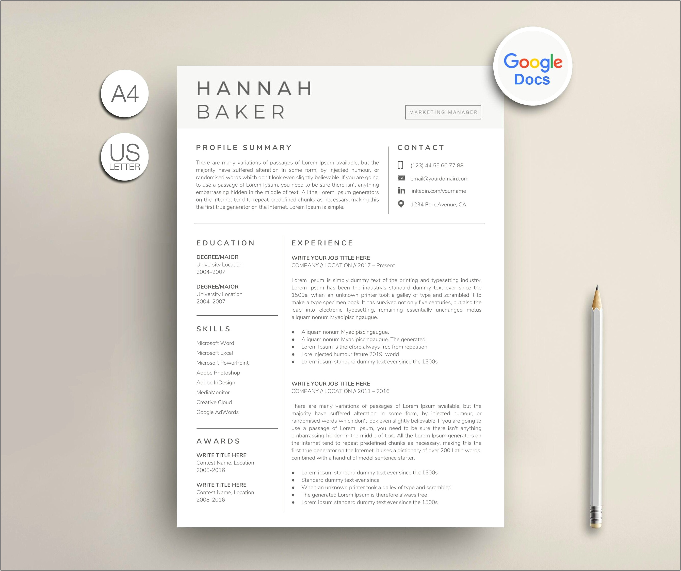 Elegant Google Docs Resume Format Template 2019