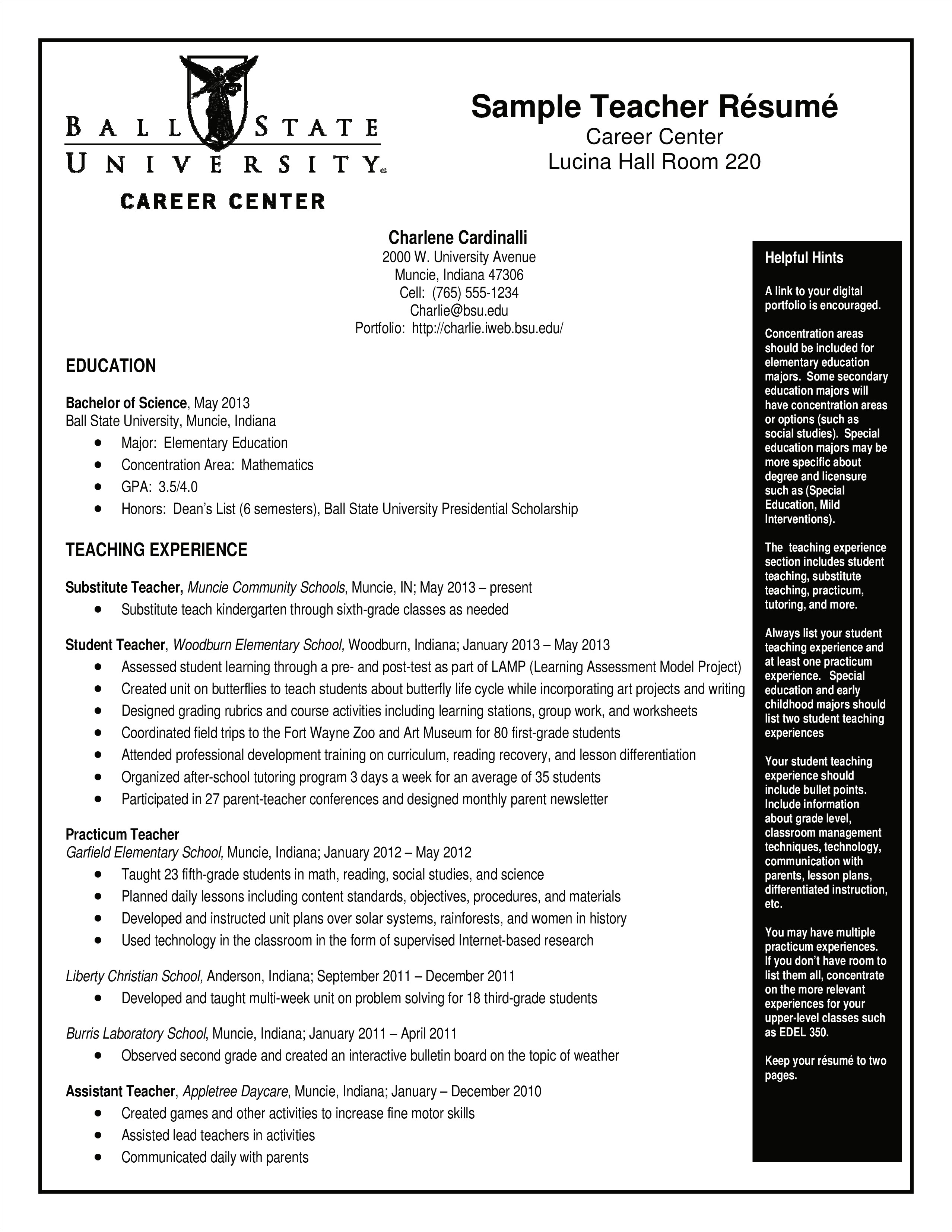 Elementary School Teacher Adjunct Professor Resume