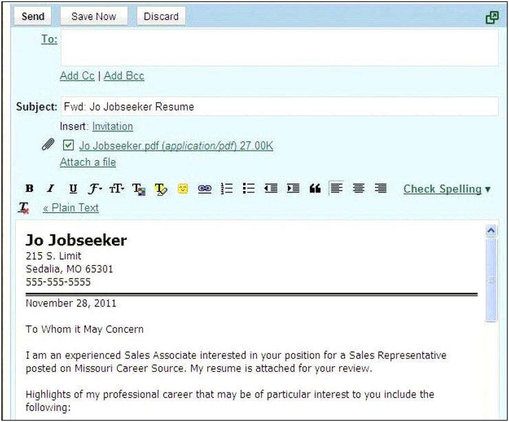 Email To Send Cover Letter And Resume Sample