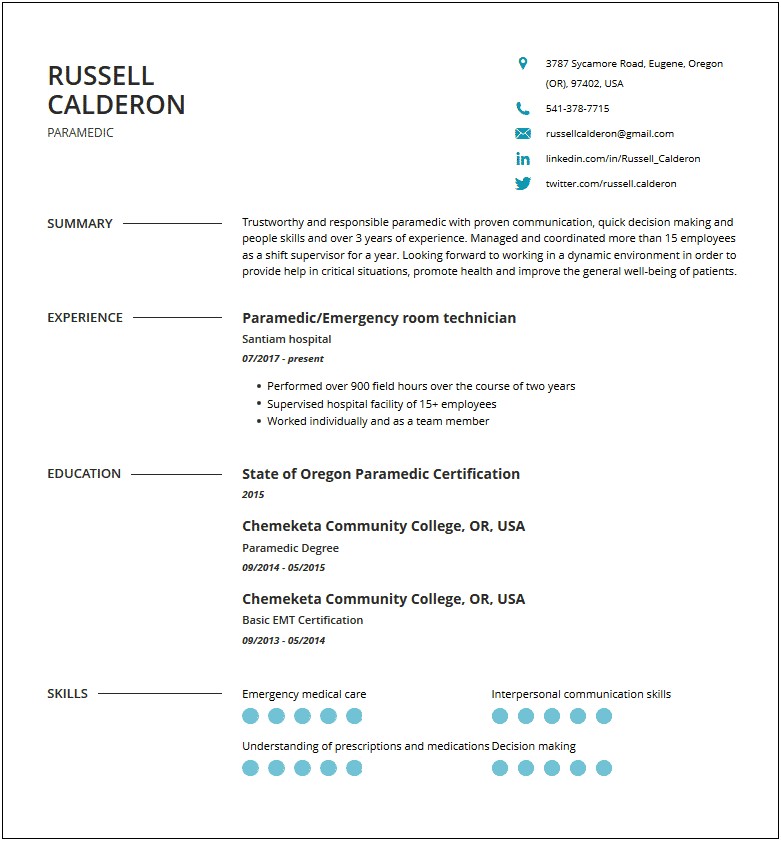 Emt Resume With No Experience Skills Example