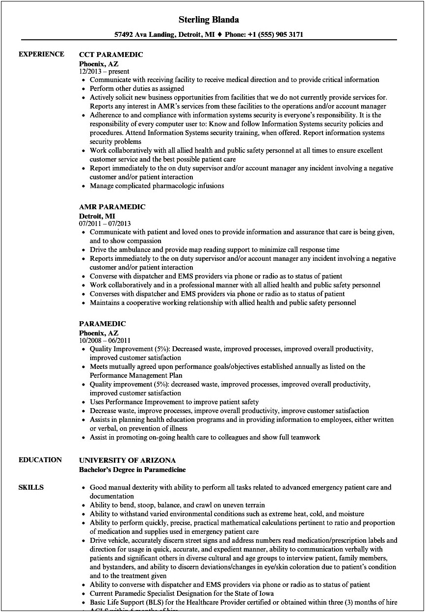 Emt Resume With No Experience Skills