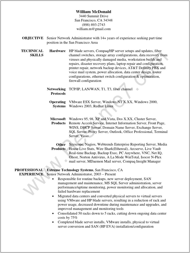 Entry Level Active Directory System Administrator Resume Sample