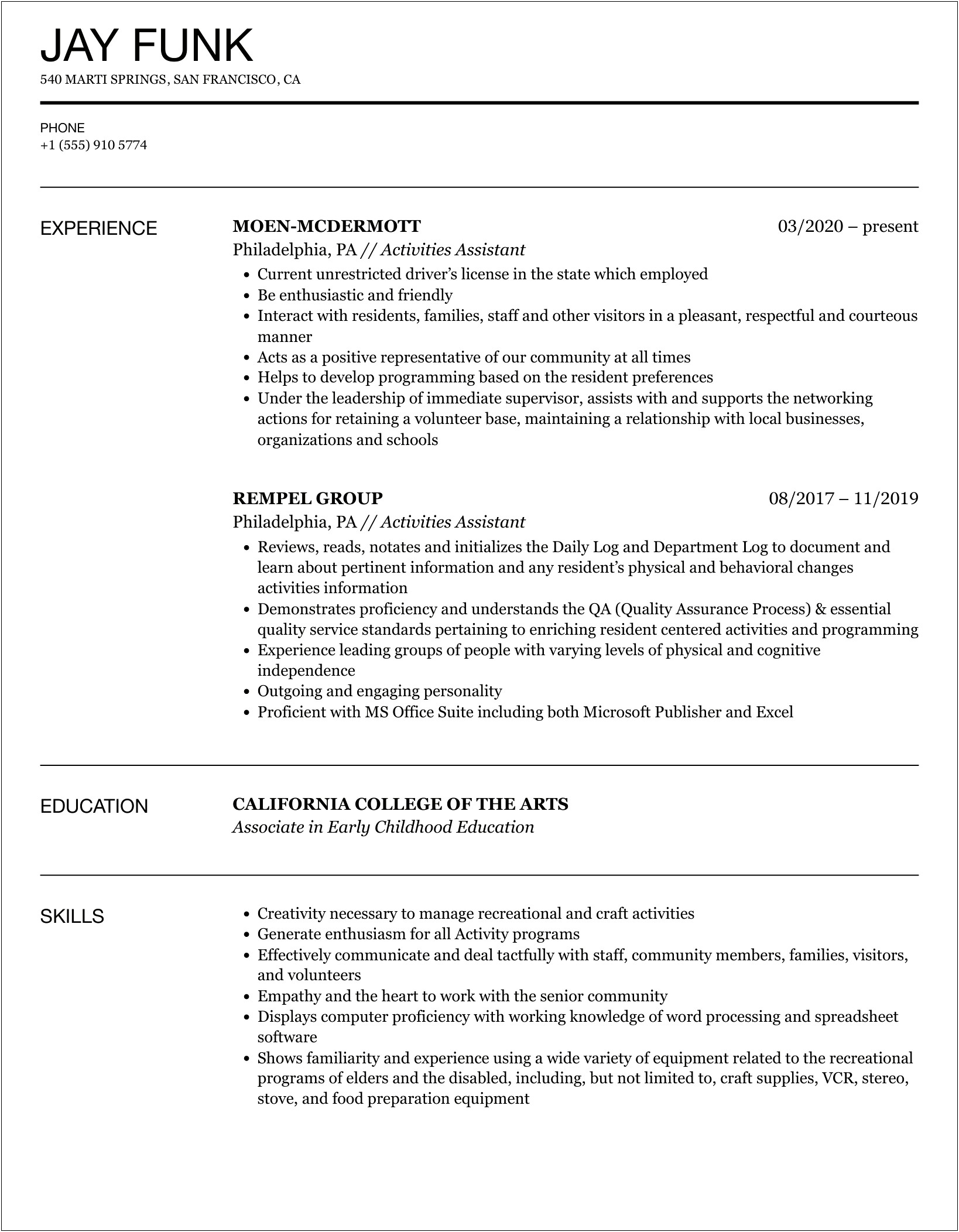Entry Level Activities Assistant Sample Resume
