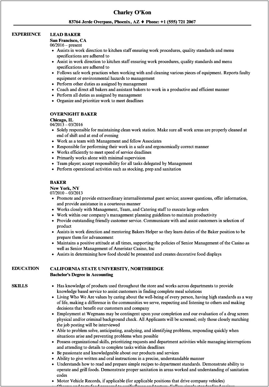 Entry Level Bakers Position Resume Examples