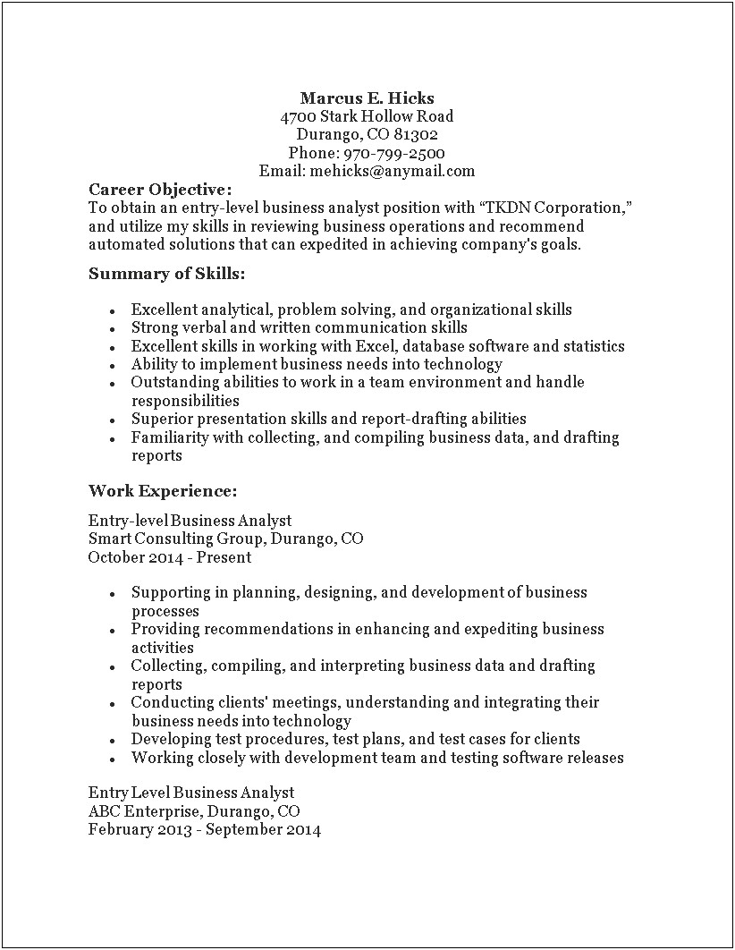 Entry Level Business Resume Skills Examples