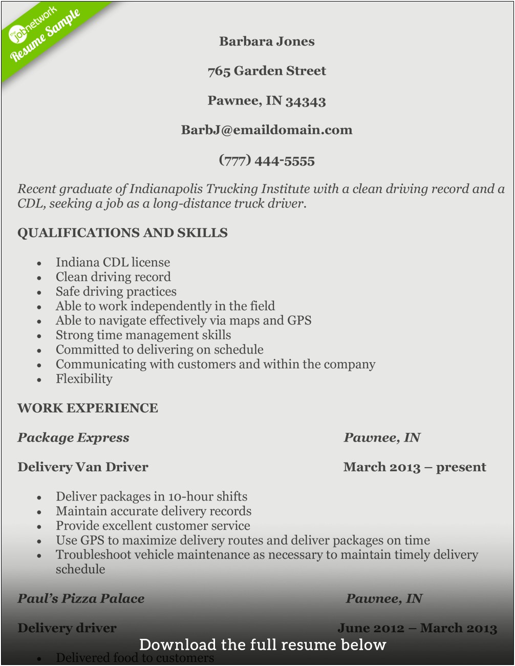 Entry Level Class A Driver Resume Sample