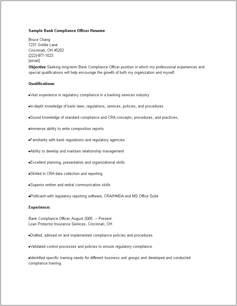 Entry Level Compliance Jobs Resume Sample