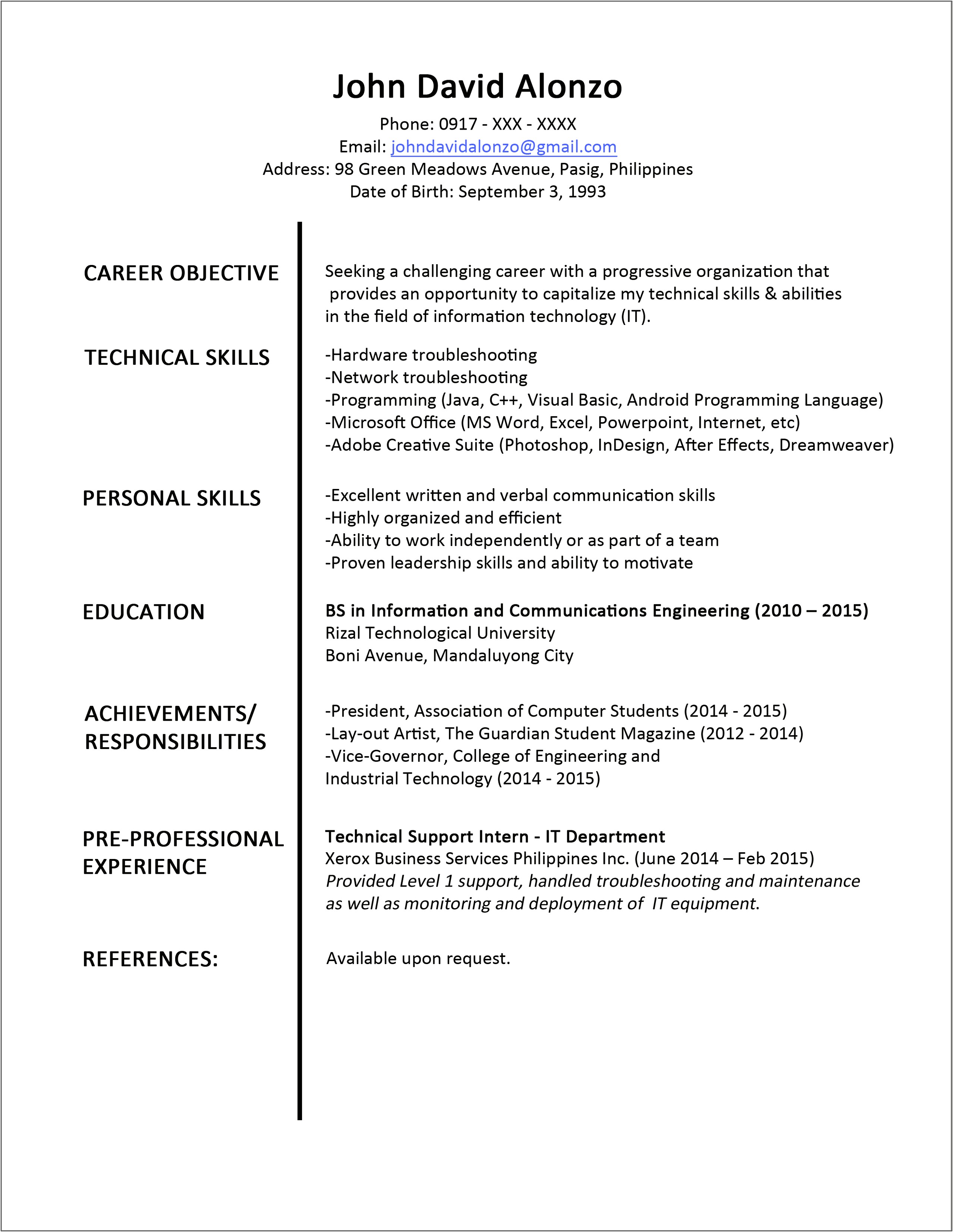 Entry Level Computer Engineer Example Resume