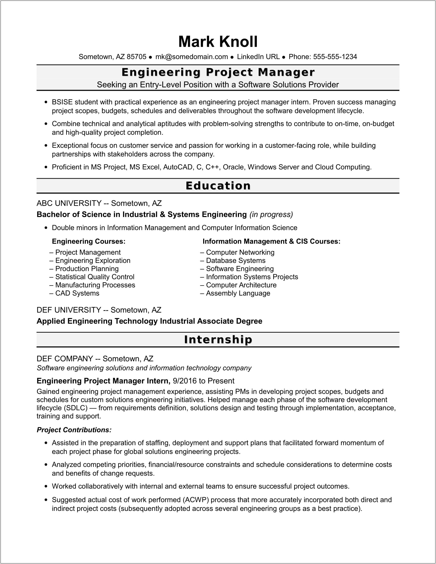 Entry Level Control Engineer Resume Example