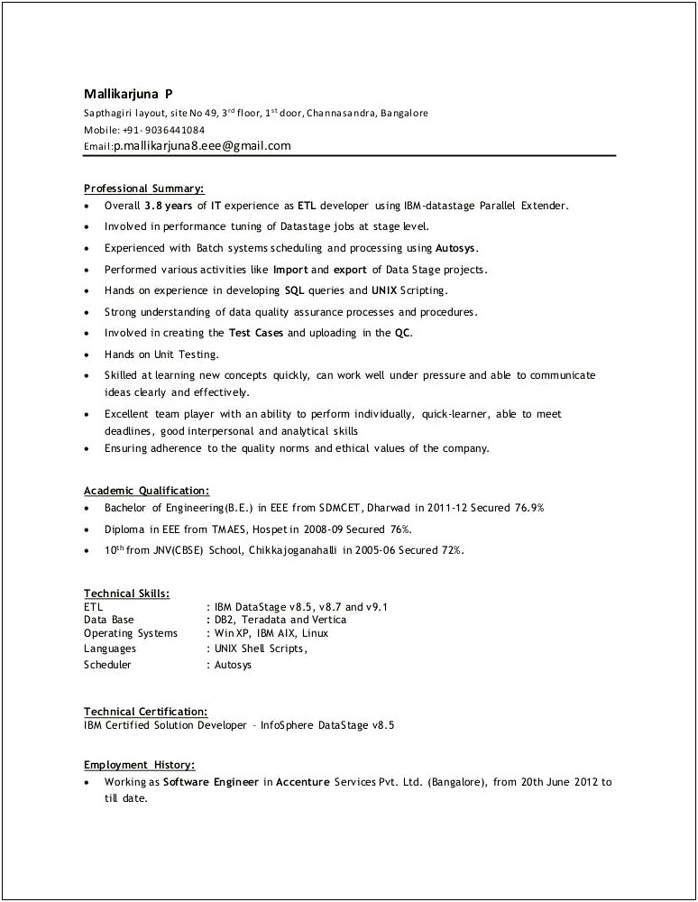 Entry Level Datastage Developer Sample Resume