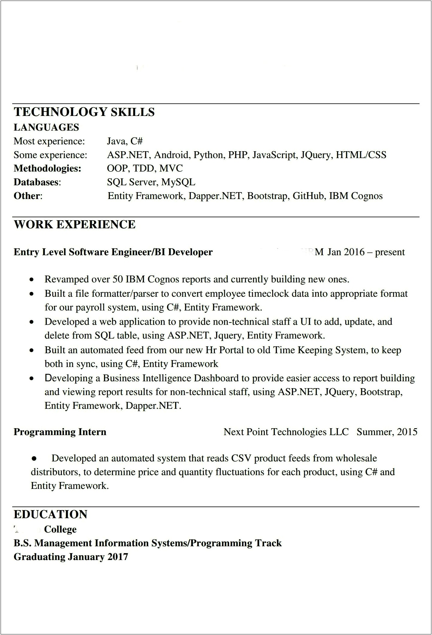 Entry Level Developer Resume No Experience