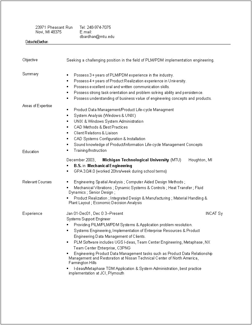 Entry Level Engineer Resume No Experience