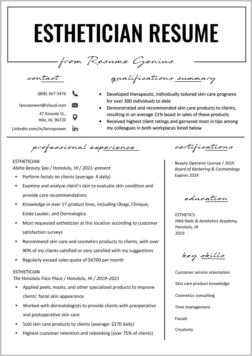 Entry Level Esthetician Resume No Experience