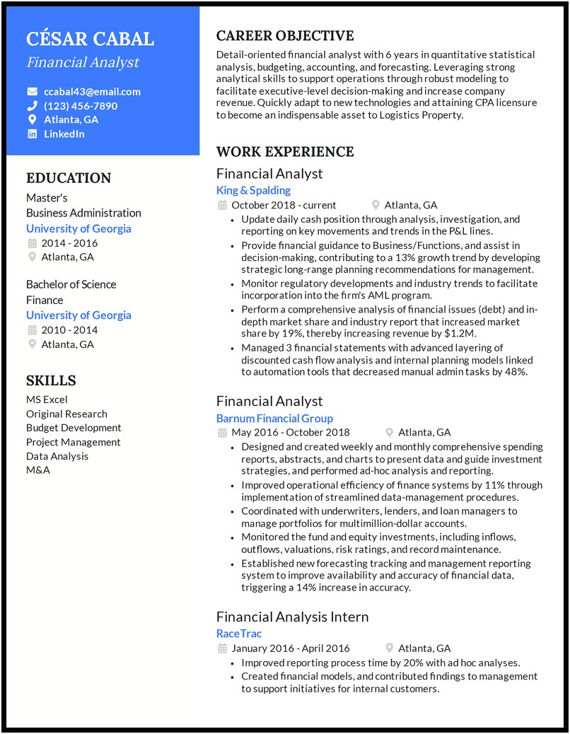 Entry Level Finance Analyst Resume Sample