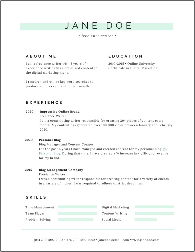 Entry Level Freelance Writer Resume Example