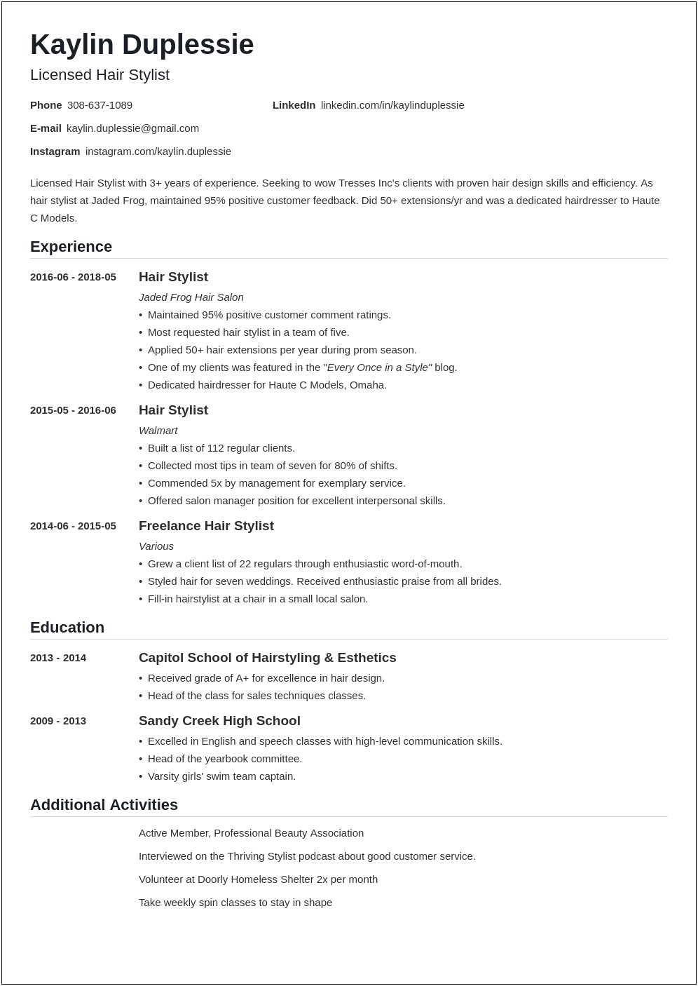 Entry Level Hair Stylist Resume Examples