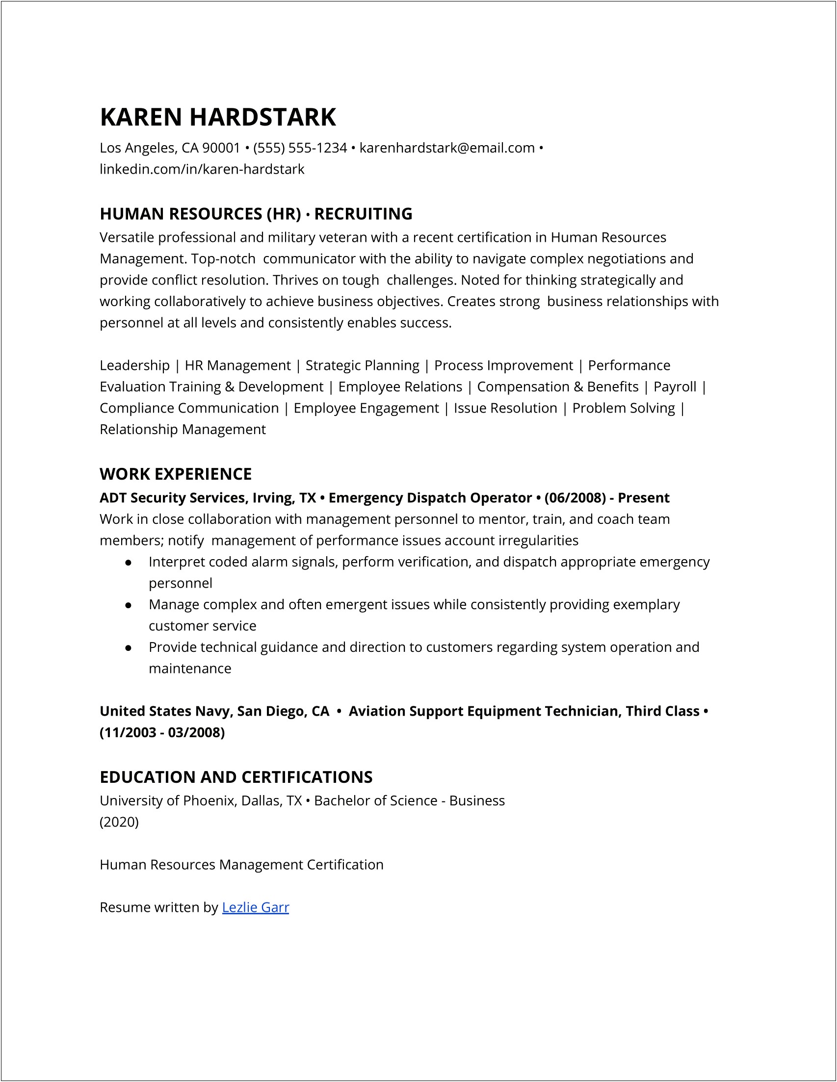 Entry Level Human Resource Resume Example