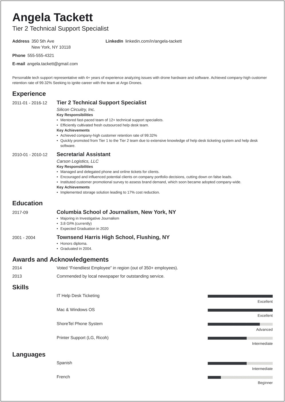 Entry Level It Support Resume Sample