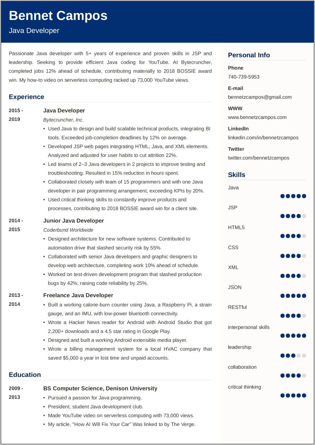 Entry Level Java Developer Resume Example