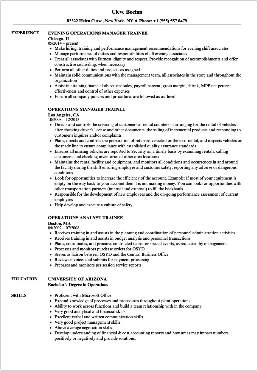 Entry Level Management Trainee Job Responsibilities On Resume