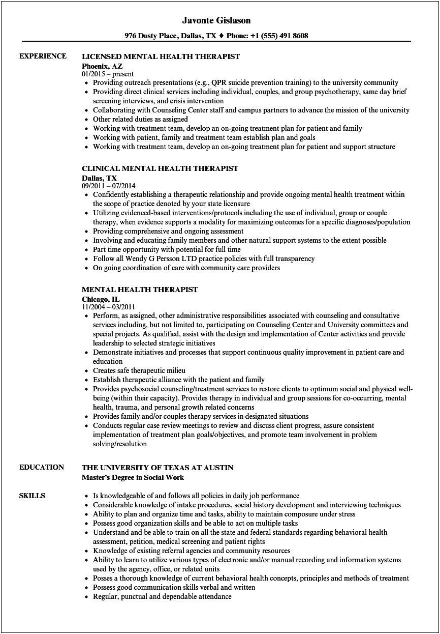 Entry Level Mental Health Resume Example