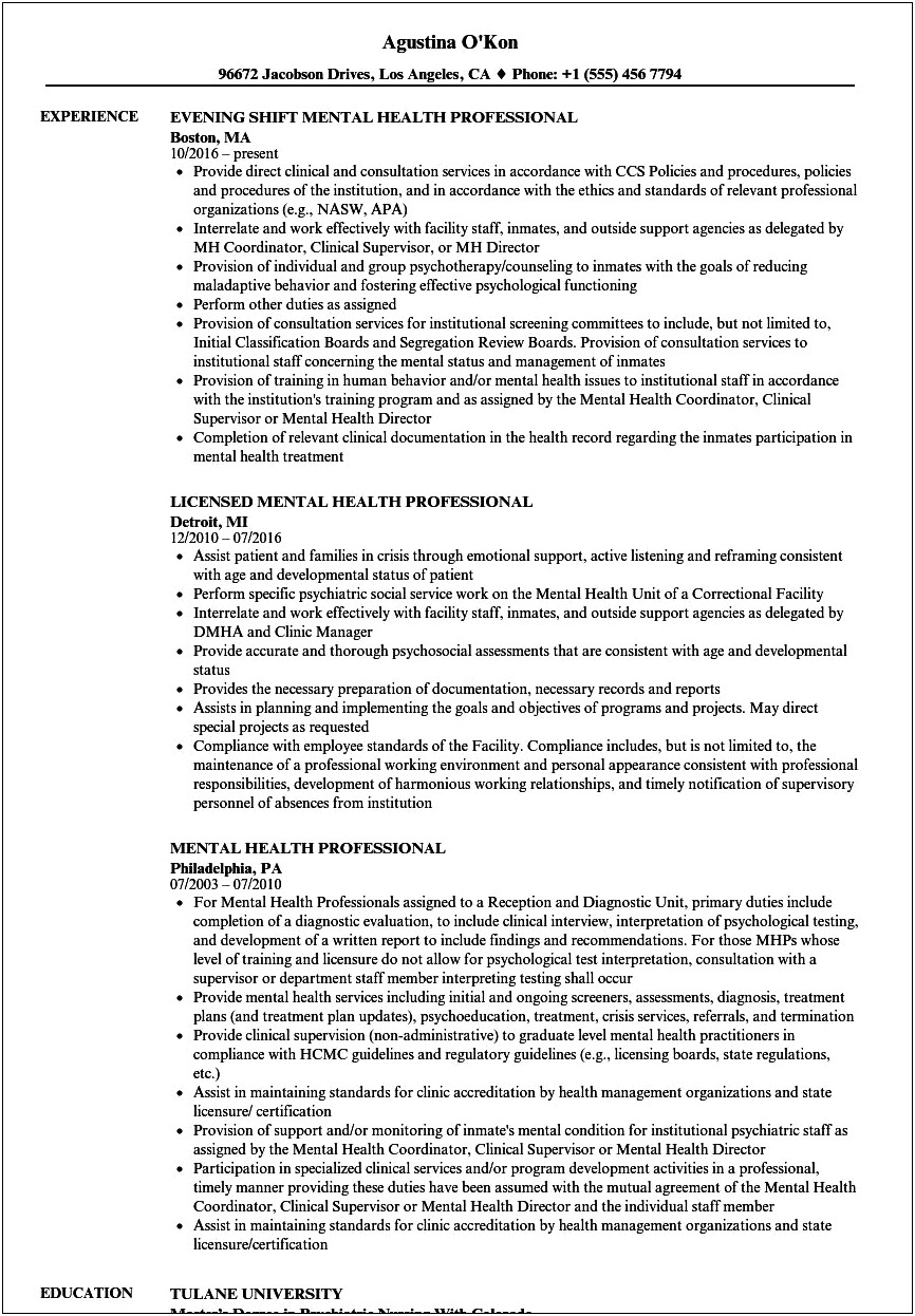 Entry Level Mental Health Resume Objective Examples