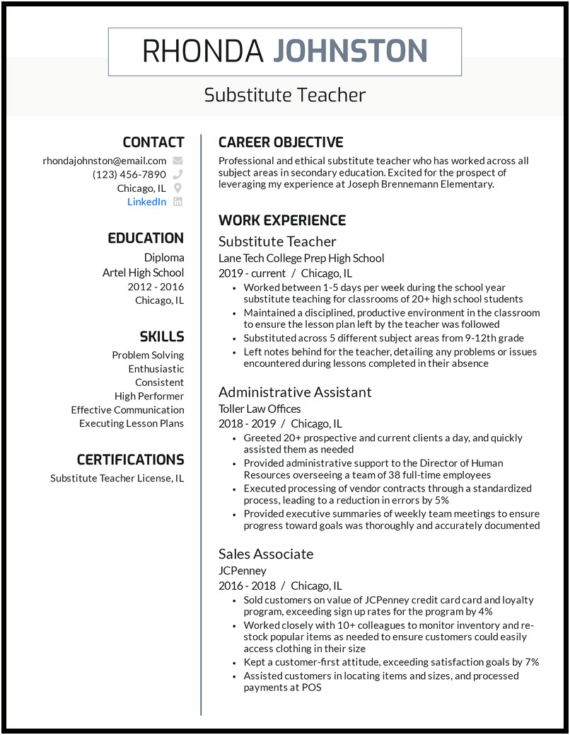 Entry Level Middle School Teacher Resume