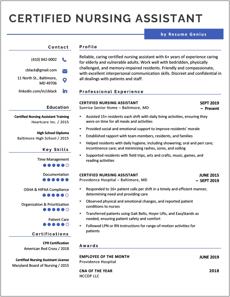 Entry Level Nursing Assistant Resume Examples