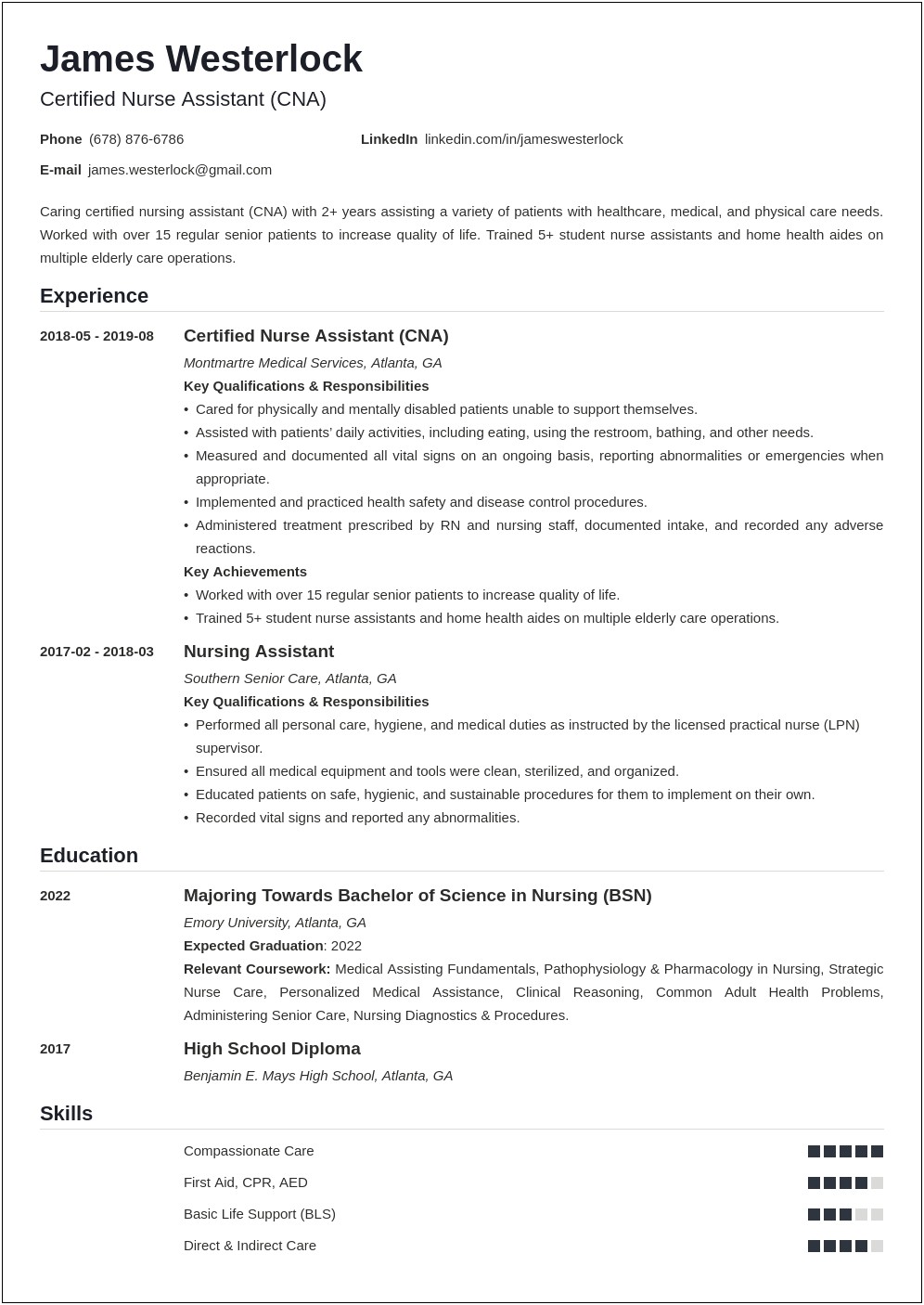 Entry Level Nursing Assistant Resume Sample