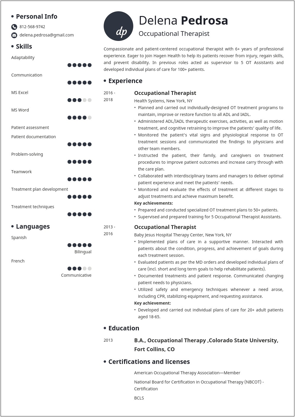 Entry Level Occupational Therapy Resume Sample