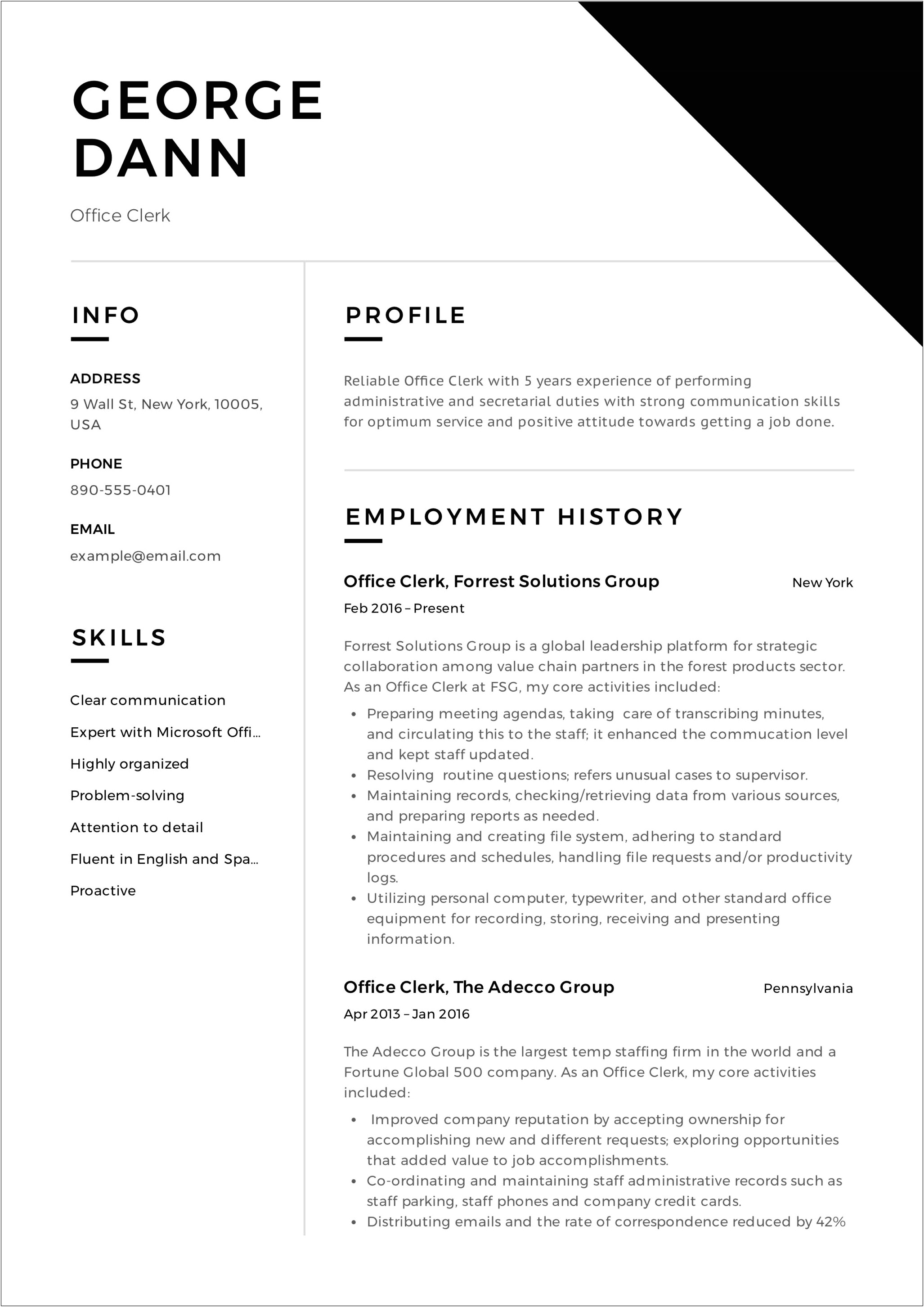 Entry Level Office Clerk Resume Sample