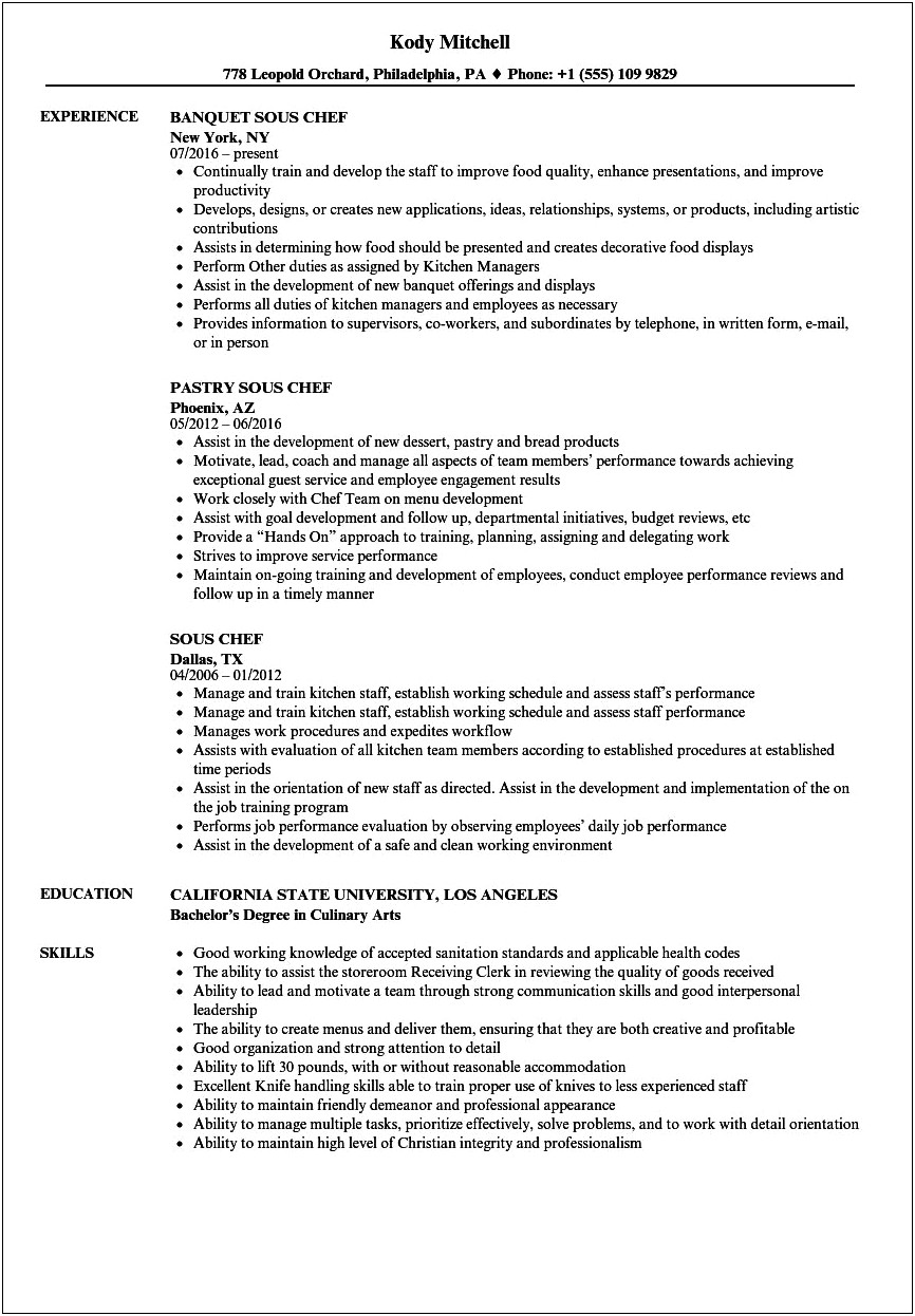 Entry Level Pastry Chef Resume Samples