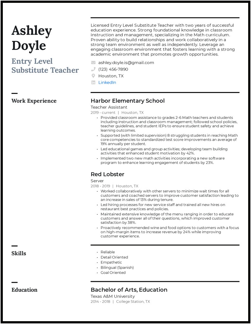 Entry Level Preschool Teacher Resume Sample