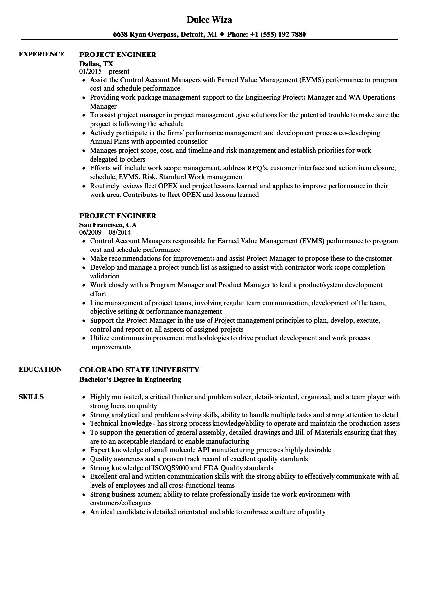 Entry Level Project Engineer Resume Sample