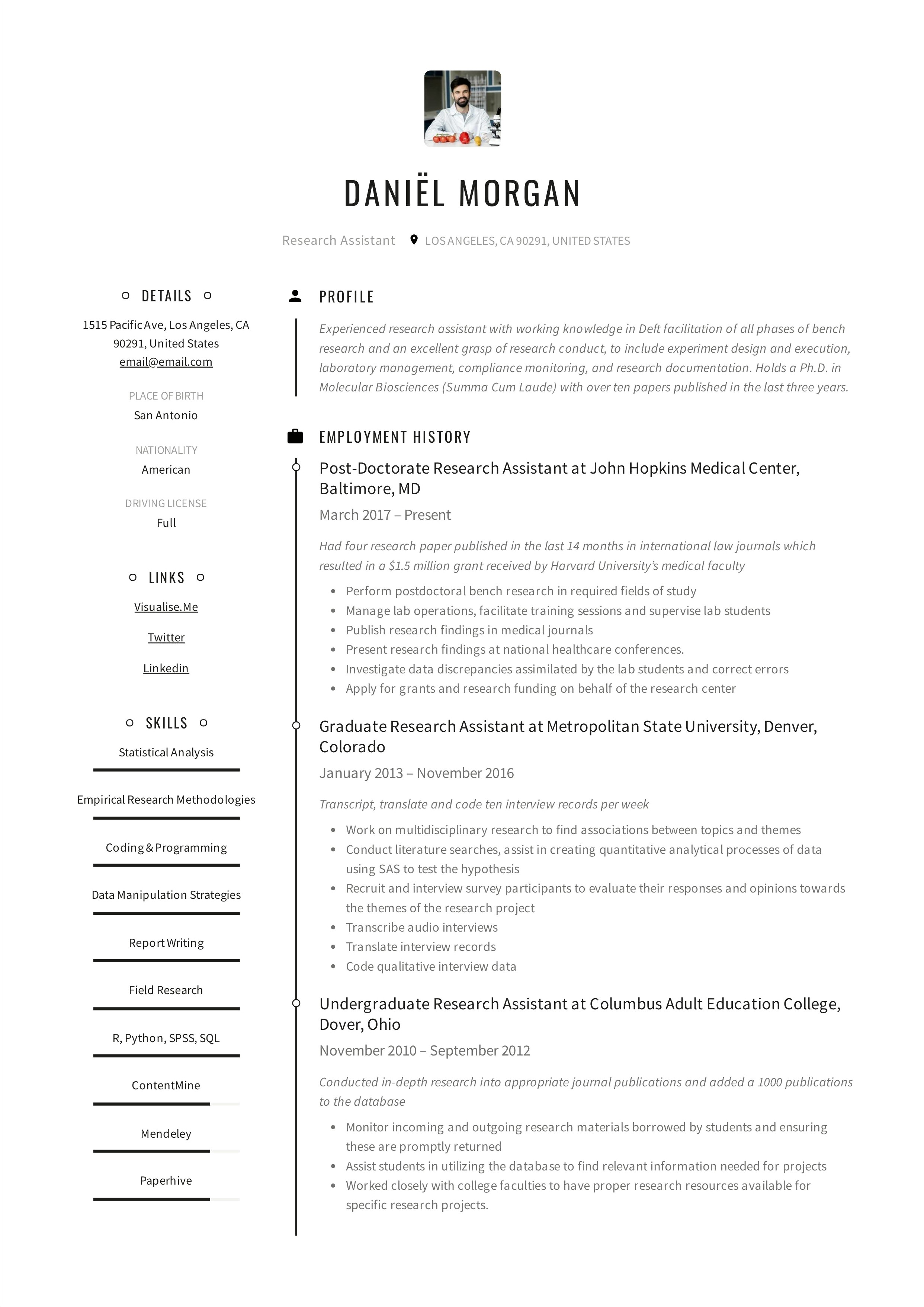 Entry Level Research Associate Resume Sample