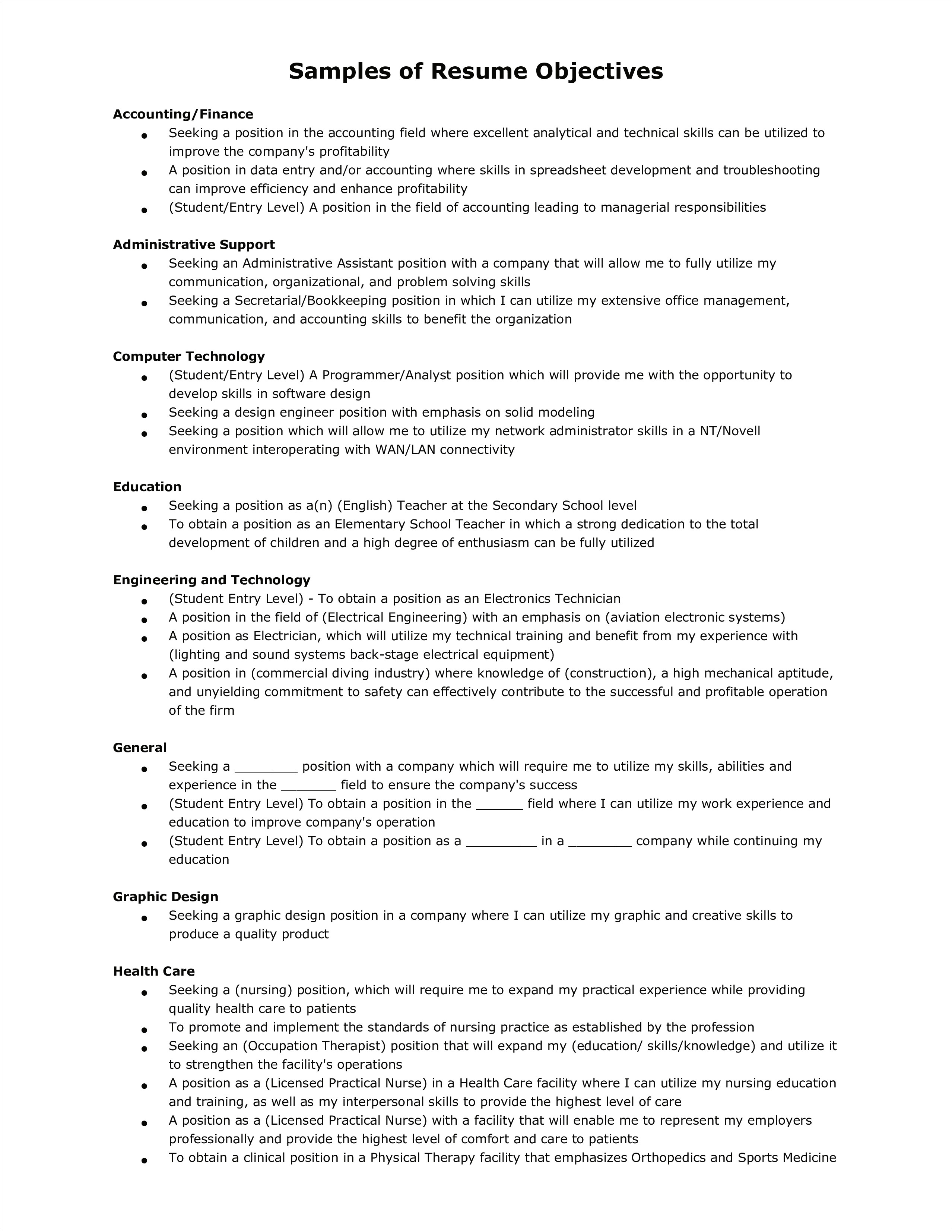 Entry Level Resume Objective For Finance