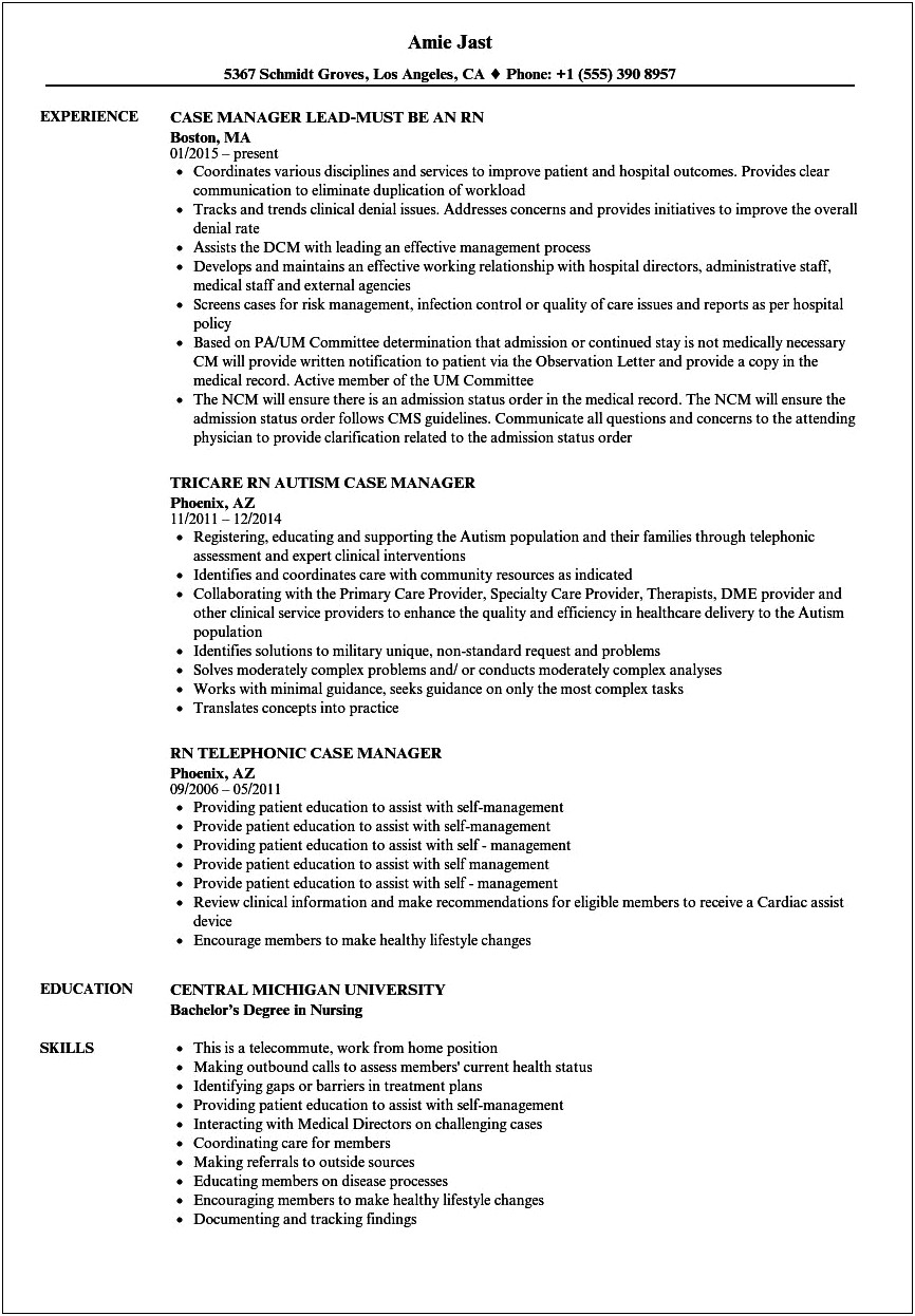 Entry Level Rn Case Manager Resume