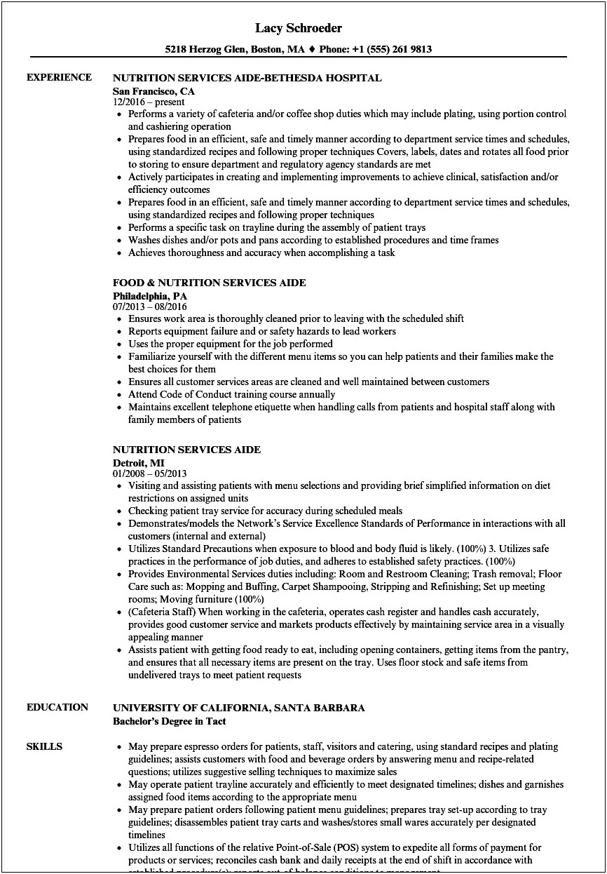 Entry Level School Lunch Aide Resume
