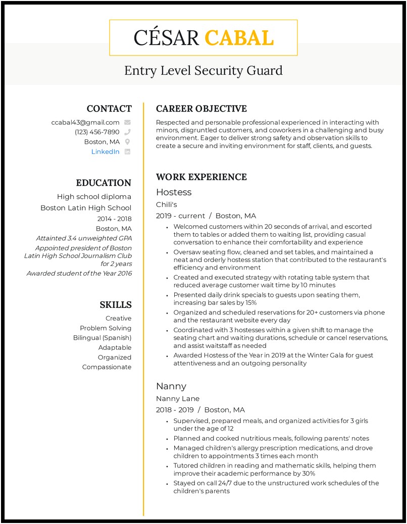 Entry Level Security Guard Resume Examples - Resume : Resume Designs # ...