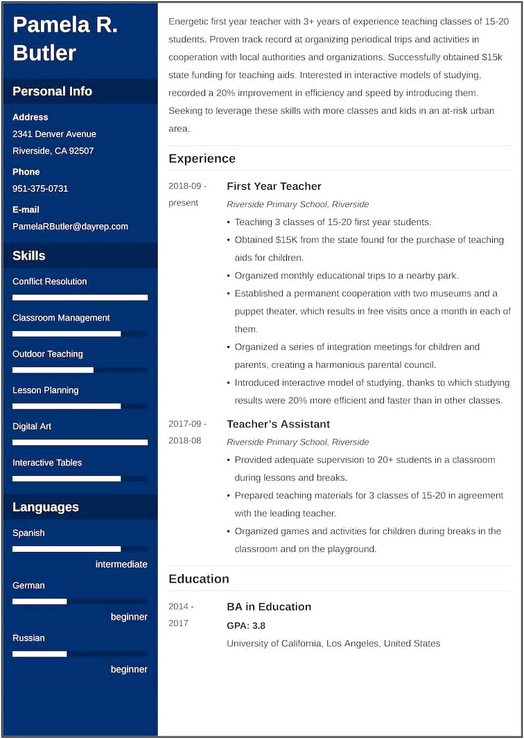 Entry Level Teacher Resume No Experience