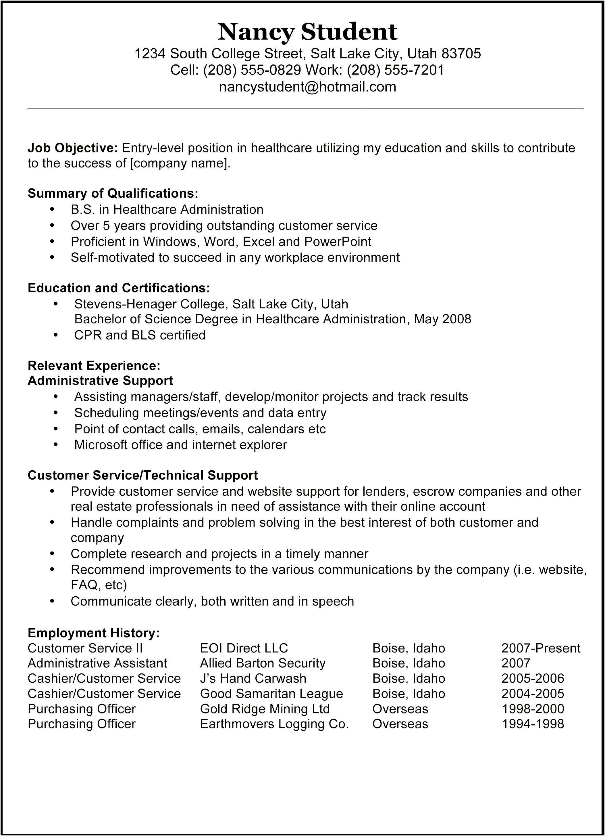 Entry Level Technical Support Resume Objective