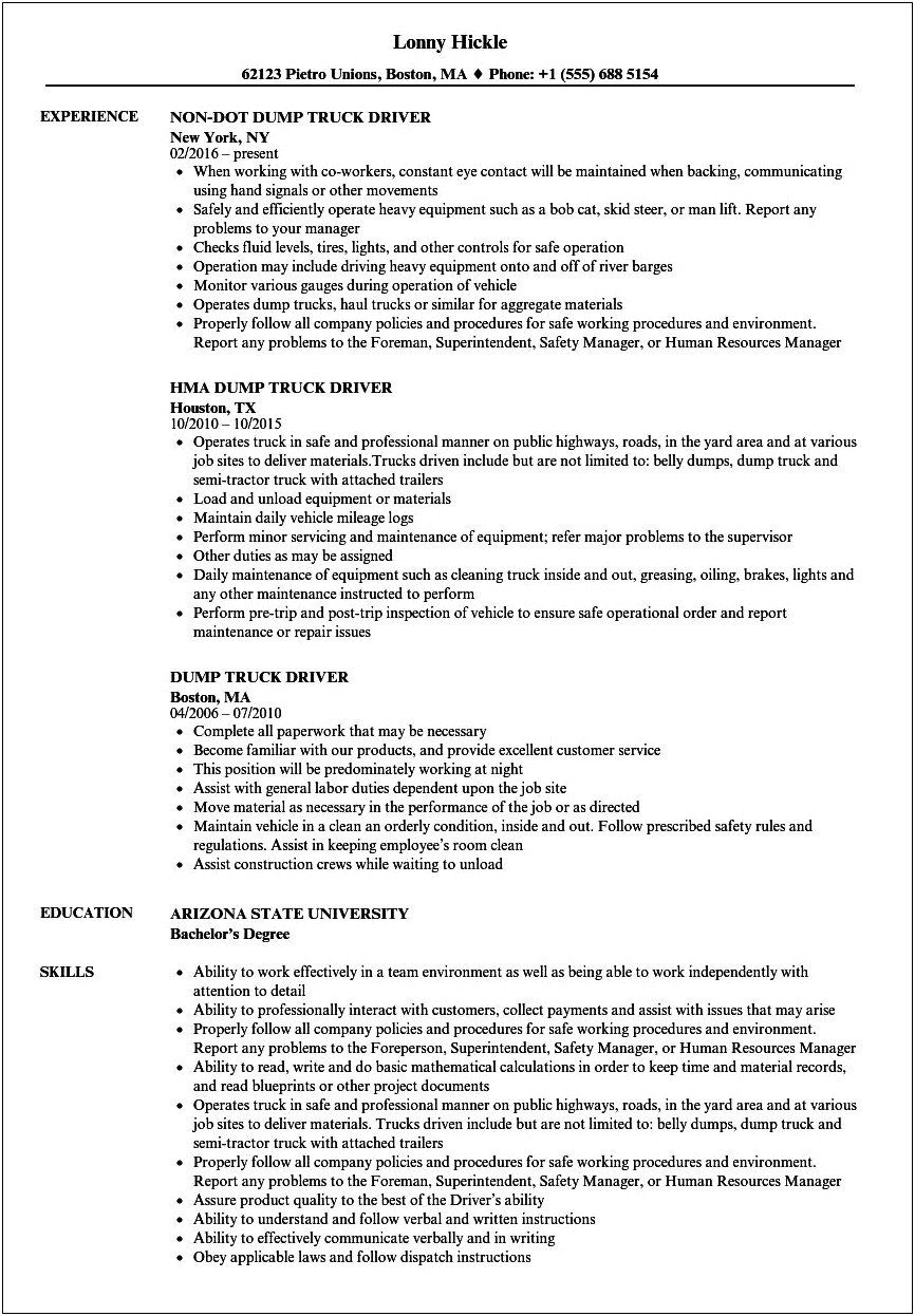 Entry Level Truck Driver Resume Objective