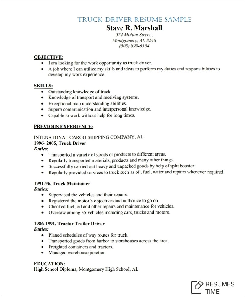 Entry Level Truck Driver Resume Sample