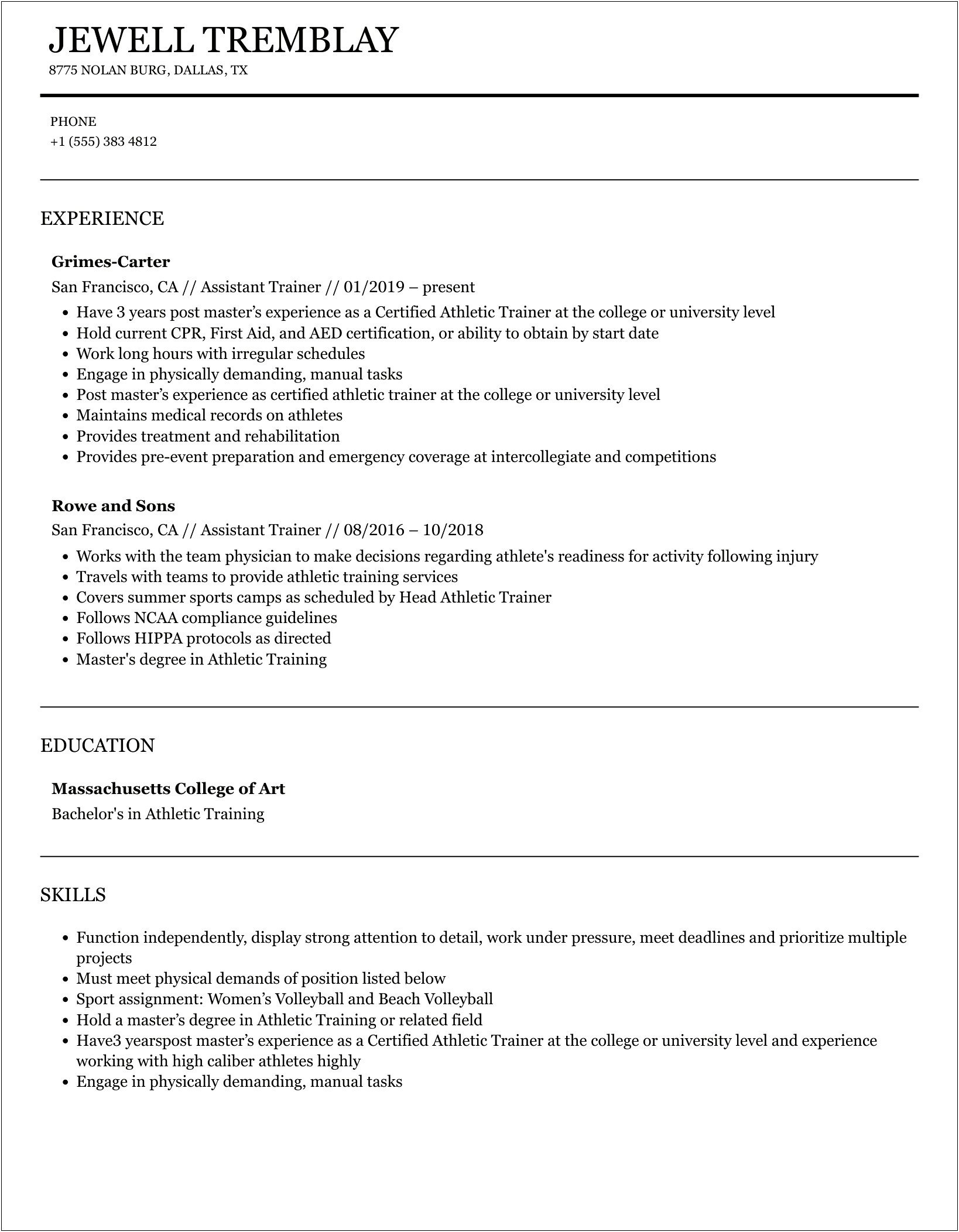 Example Brain Injury Support Staff Resume