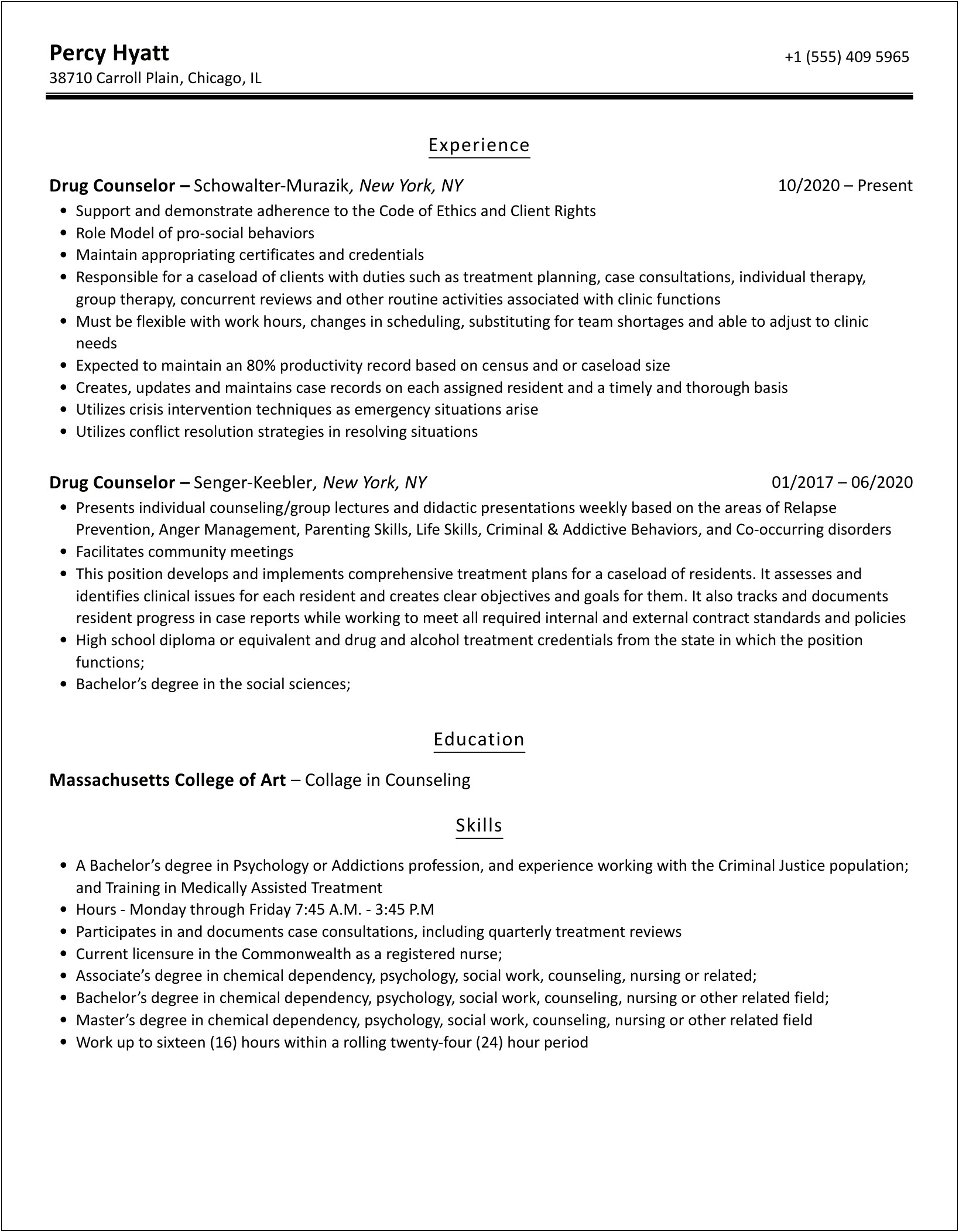 Example Clinical Substance Abuse Counselor Resume
